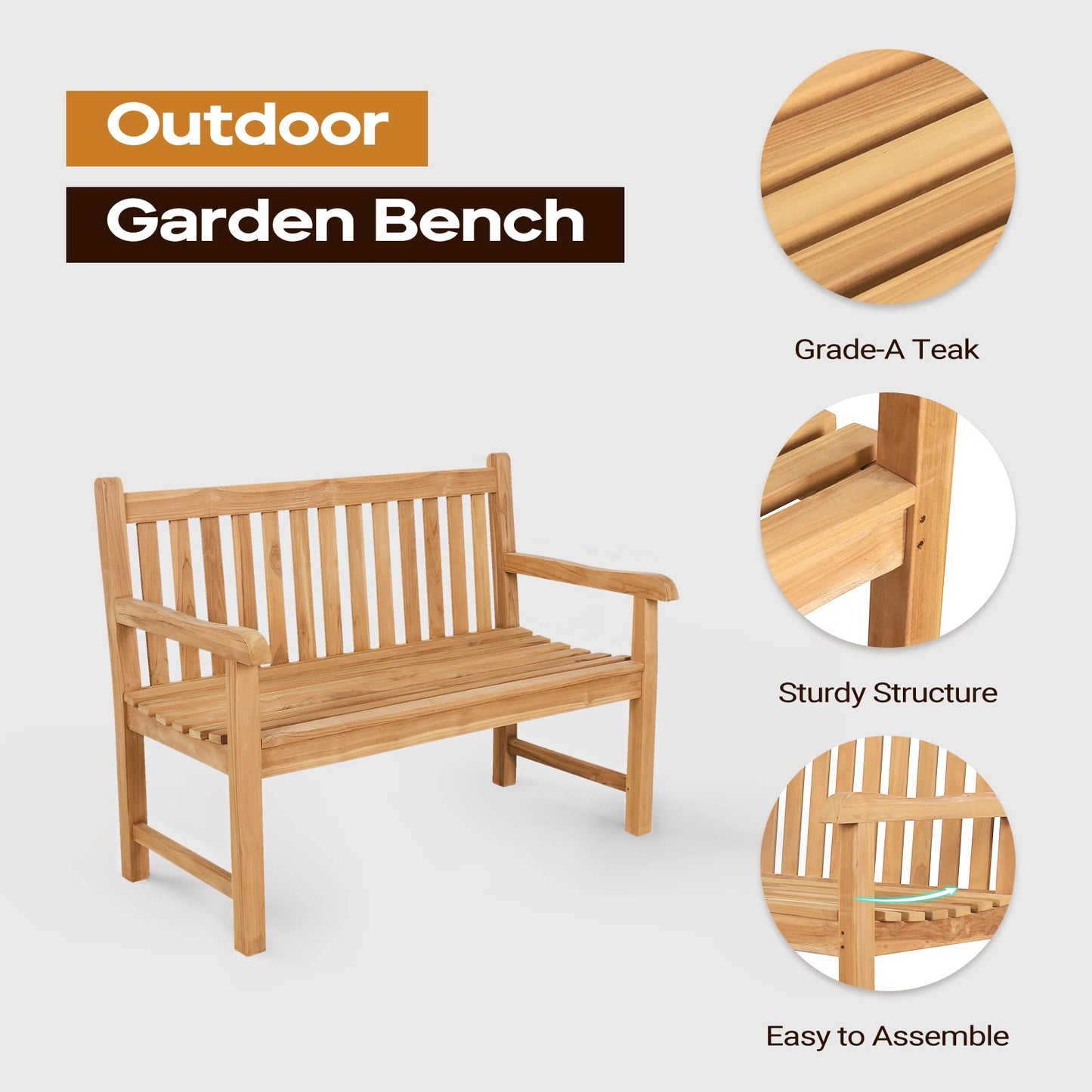 Yardgrace 2-Person Outdoor Bench, A-Grade Natural Teak Bench - Outdoor Garden Bench with Curved Backrest & Arch Armrest, Patio Bench -Weatherproof Garden Seating for, Balcony Porch & Park, All-Weather Fade-Resistant Patio Furniture