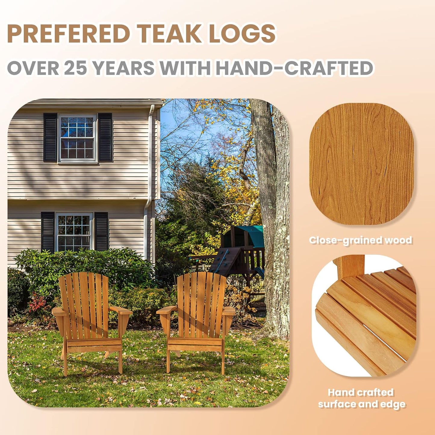 【Flash Sale】Yardgrace Teak Wood Adirondack Chair Wide Armrest, Durable and Weather Resistant, Garden Furniture for Outdoor, Patio or Beach, Deck, Lawn, Swimming Pool, Backyard or Terrace