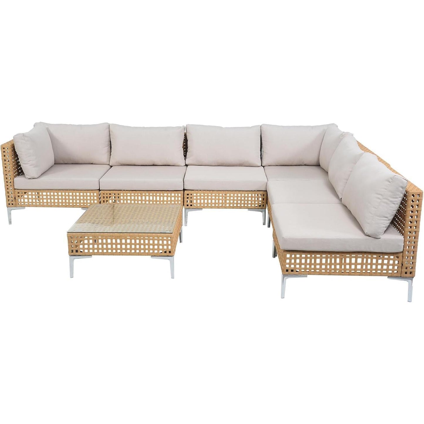 Yardgrace 4-Piece Wicker Patio Furniture Set, Sectional Sofa with Glass Coffee Table & Large Storage Box, Couch, Outdoor Conversation Set with Thick Blue Cushions