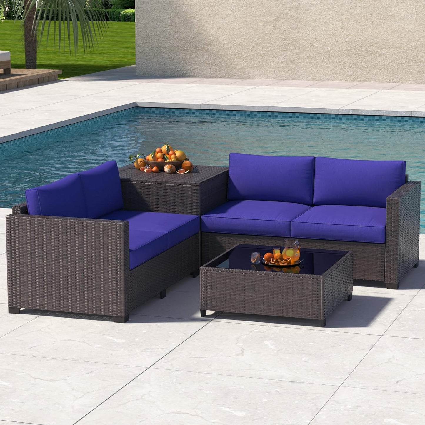 Yardgrace 4-Piece Wicker Patio Furniture Set, Sectional Sofa with Glass Coffee Table & Large Storage Box, Couch, Outdoor Conversation Set with Thick Blue Cushions