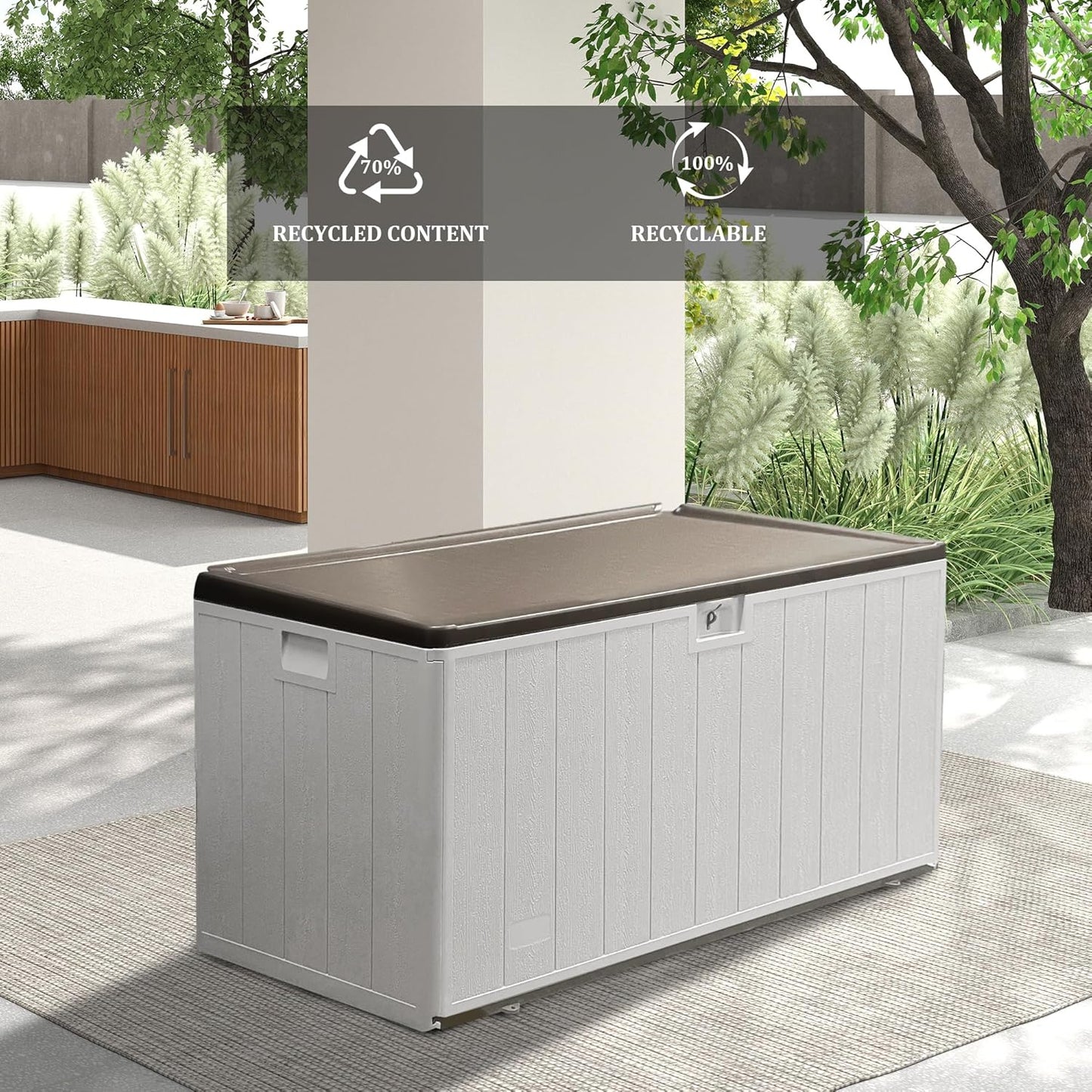 110 Gallon Pro Lockable Resin Deck Box, Waterproof Outdoor Storage Box for Patio Furniture, Garden Tools, Pool Accessories, UV-Resistant Outside Delivery, Grayish Brown