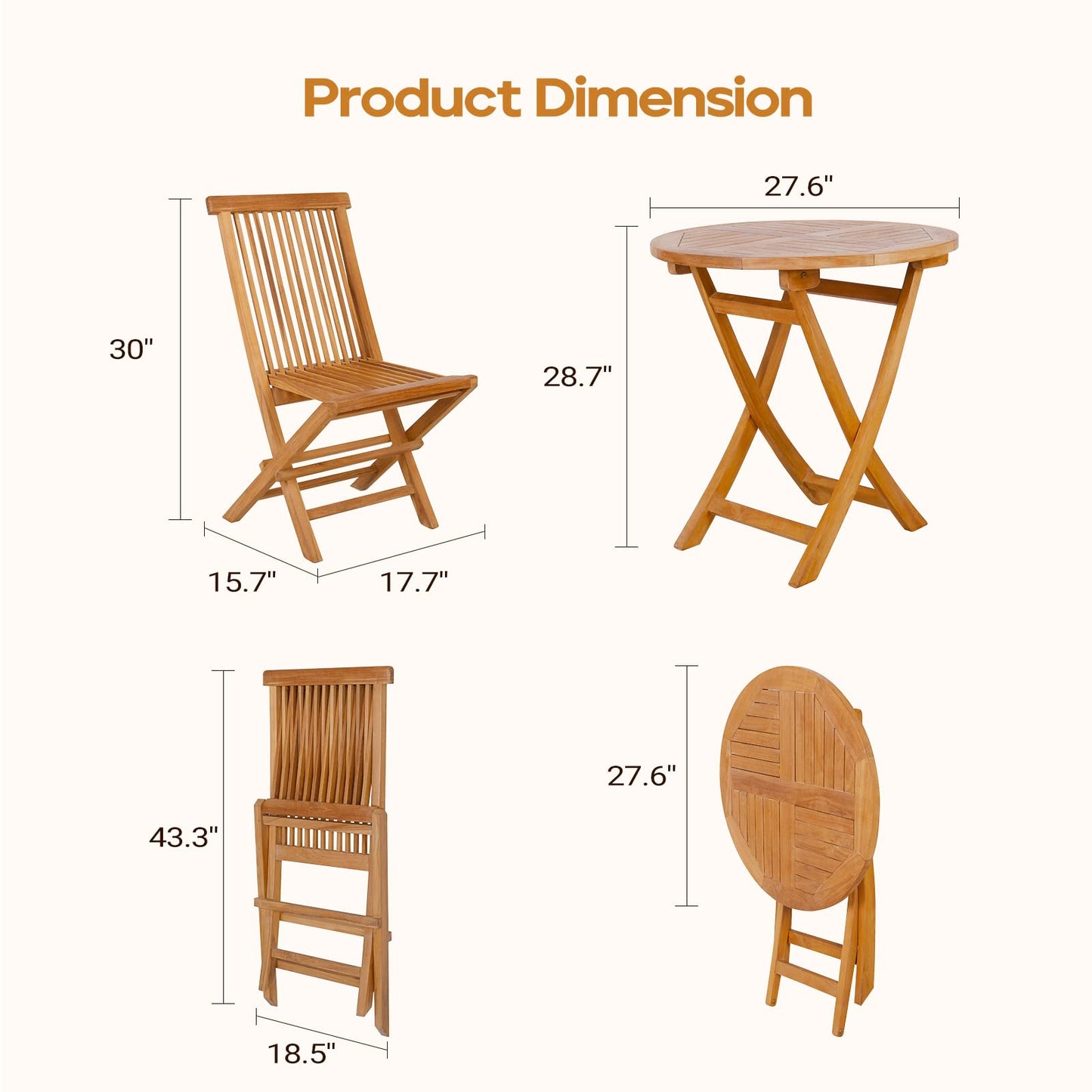 Yardgrace 3-Piece Patio Bistro Set, Solid Grade-A Teakwood Folding Bistro Chairs Set of 2, Weather-Resistant Coffee Table Set, Bistro Set for Lawn Balcony Porch Garden Backyard Pool