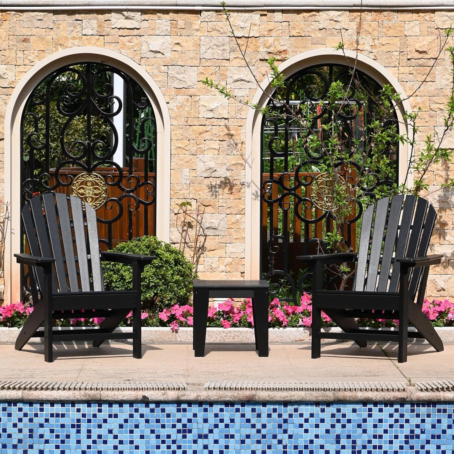 3-Piece Adirondack Patio Furniture Set with Side Table, All-Weather HDPE Outdoor Furniture for Deck, Garden, Backyard, Woodgrain Finish, Fade-Resistant and Easy Assembly
