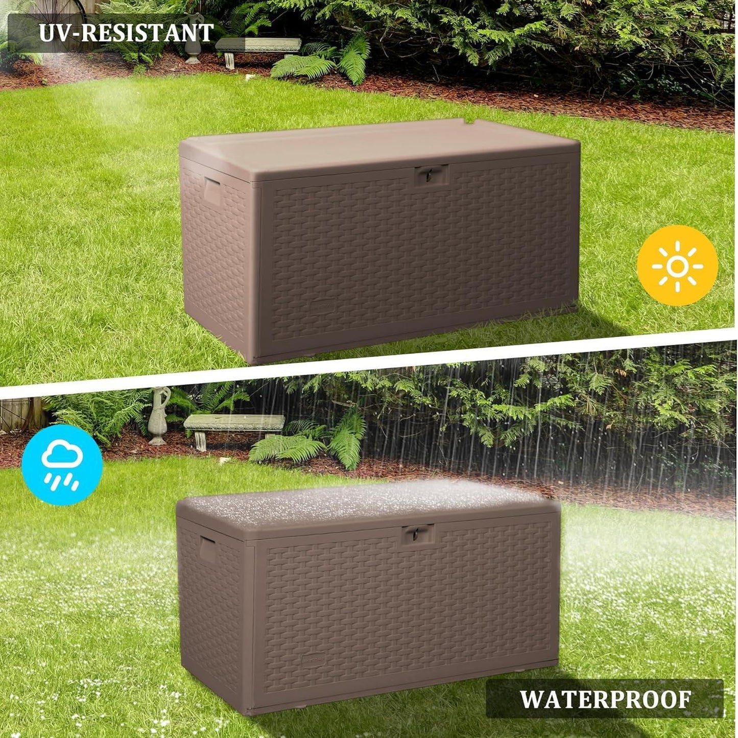 73 Gallon Pro Lockable Resin Deck Box, Waterproof Outdoor Storage Box for Patio Furniture, Garden Tools, Pool Accessories, UV-Resistant Outside Delivery, Brown
