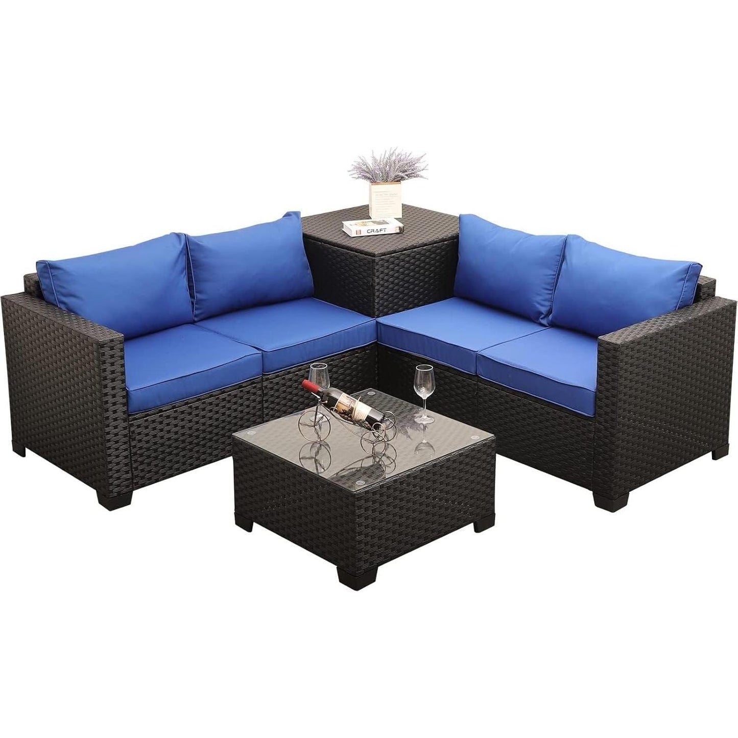 Yardgrace 4-Piece Wicker Patio Furniture Set, Sectional Sofa with Glass Coffee Table & Large Storage Box, Couch, Outdoor Conversation Set with Thick Blue Cushions