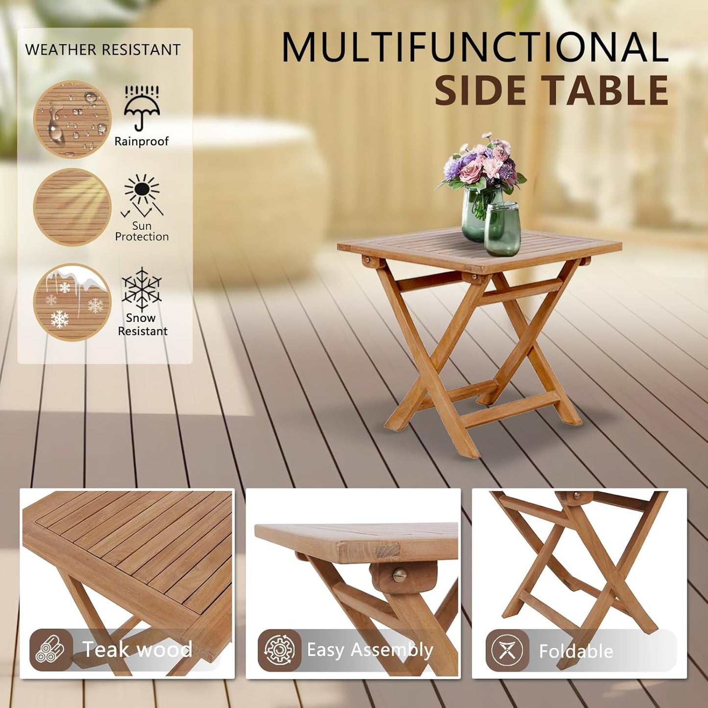 Yardgrace Wooden Side Table, Folding Portable Wood Small Table for Indoor & Outdoor Use, Compact Patio Side Tables or Outdoor End Tables for Balcony, Poolside, Garden, Picnic, Camping