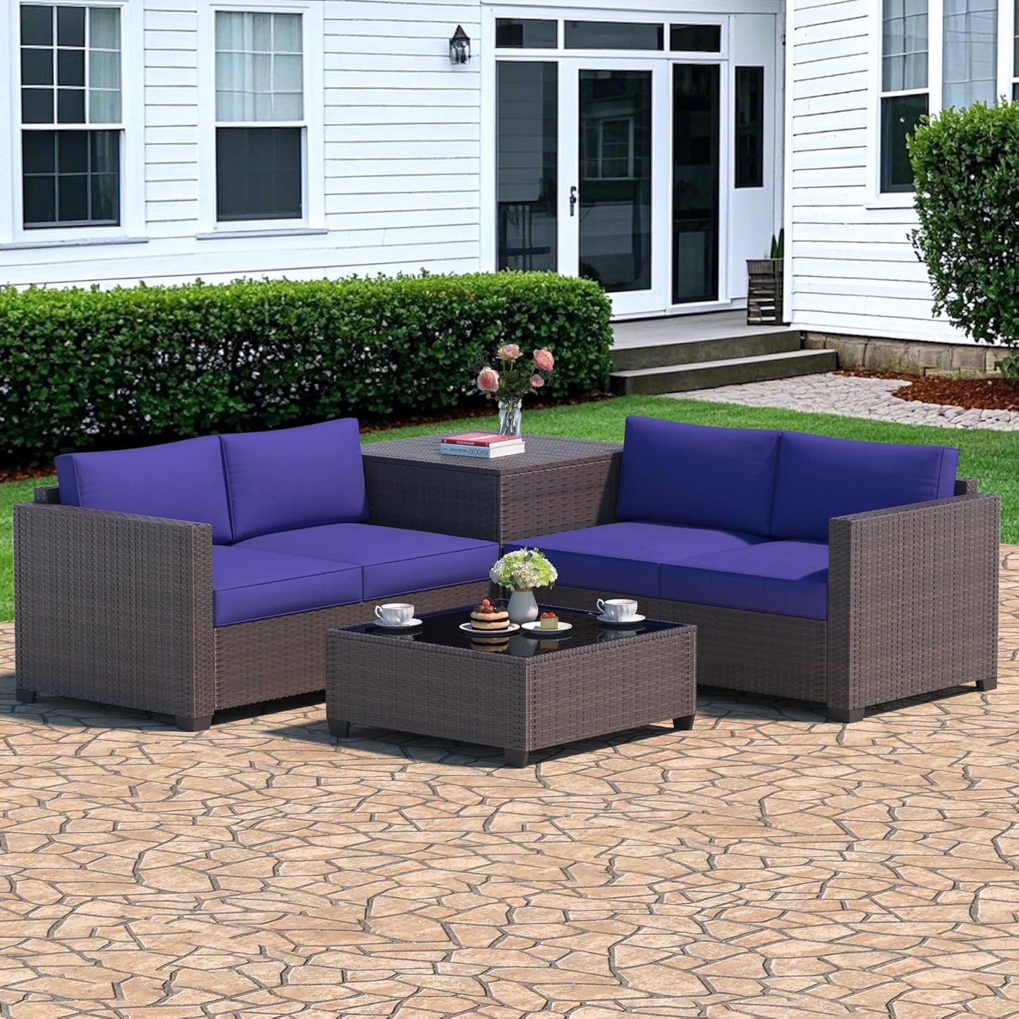 Yardgrace 4-Piece Wicker Patio Furniture Set, Sectional Sofa with Glass Coffee Table & Large Storage Box, Couch, Outdoor Conversation Set with Thick Blue Cushions