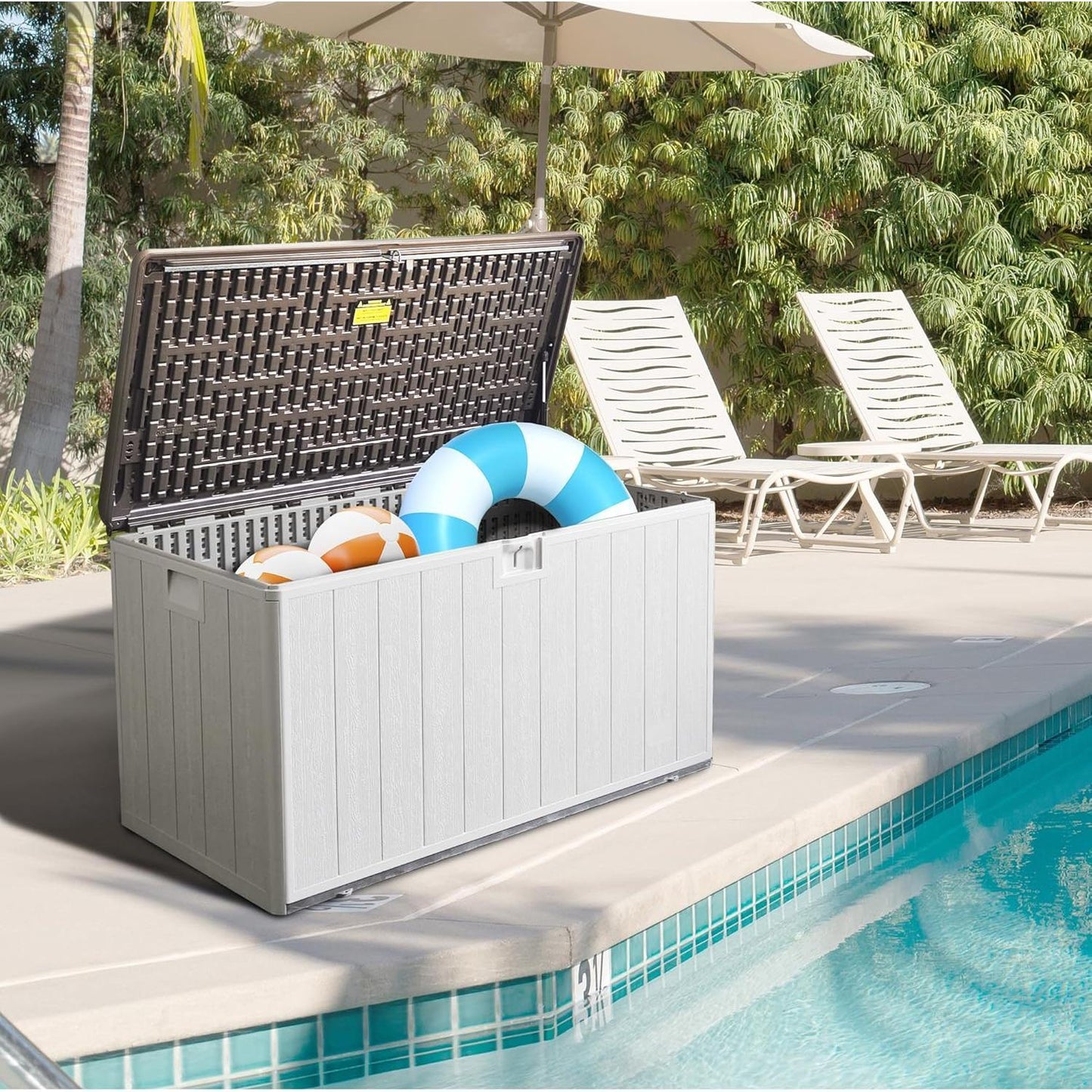 110 Gallon Pro Lockable Resin Deck Box, Waterproof Outdoor Storage Box for Patio Furniture, Garden Tools, Pool Accessories, UV-Resistant Outside Delivery, Grayish Brown
