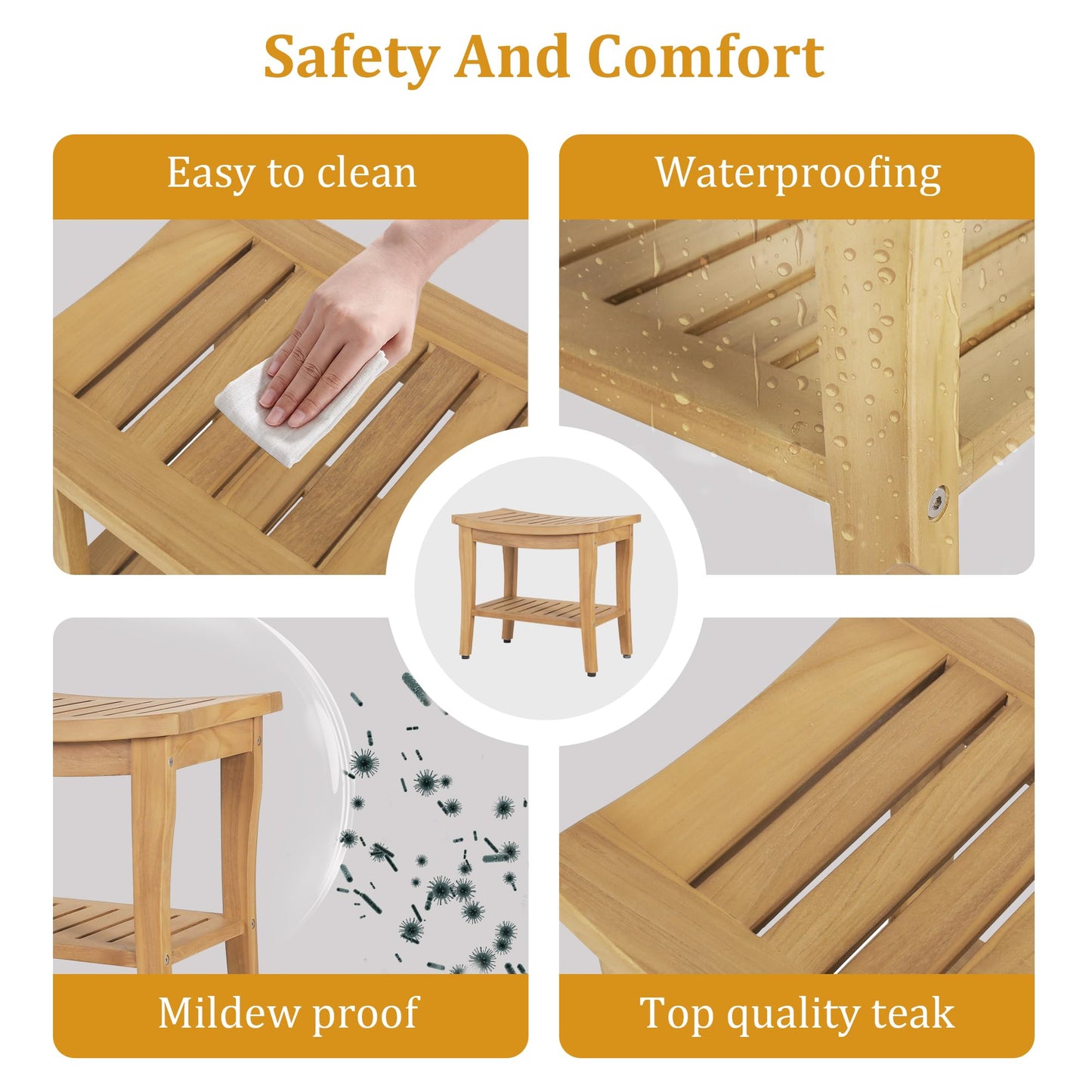 Waterproof Teak Shower Bench with Shelf & Non-Slip Feet, Heavy Duty Shower Chair for Inside Shower, Shower Stools for Seniors