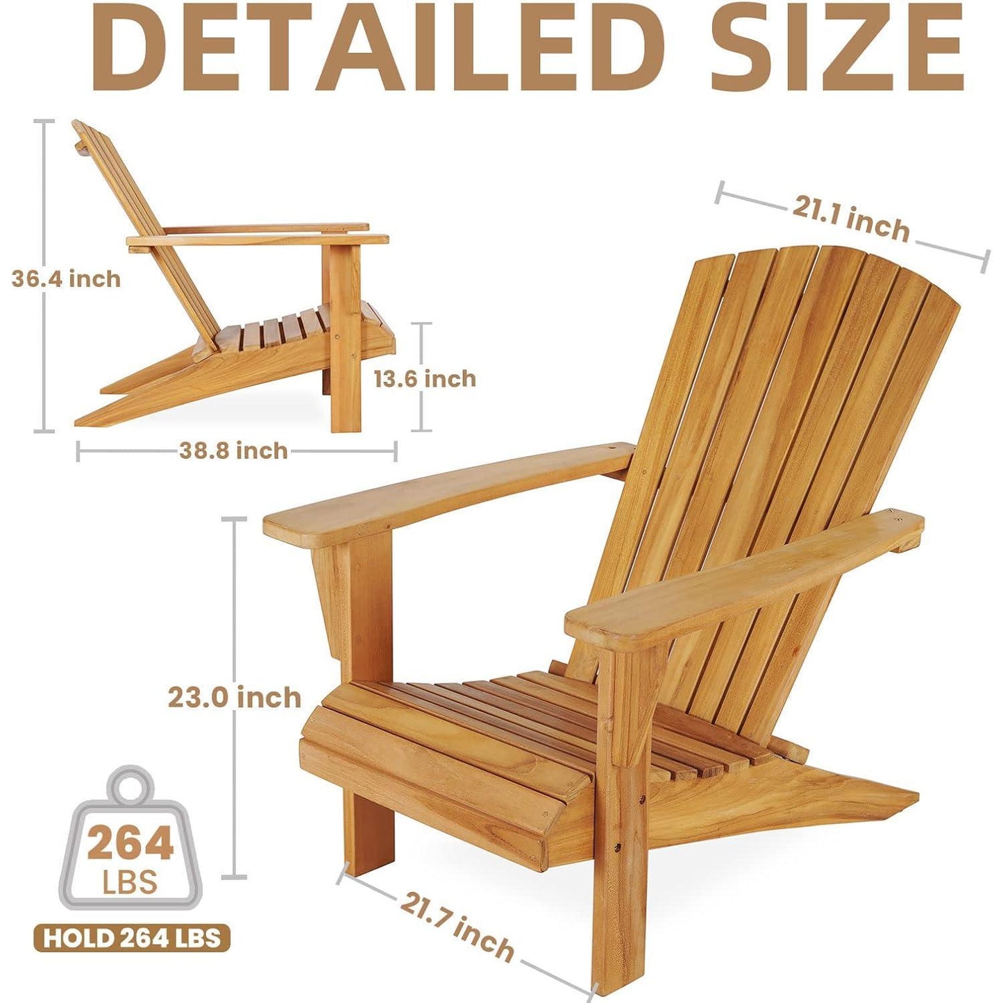 【Flash Sale】Yardgrace Teak Wood Adirondack Chair Wide Armrest, Durable and Weather Resistant, Garden Furniture for Outdoor, Patio or Beach, Deck, Lawn, Swimming Pool, Backyard or Terrace