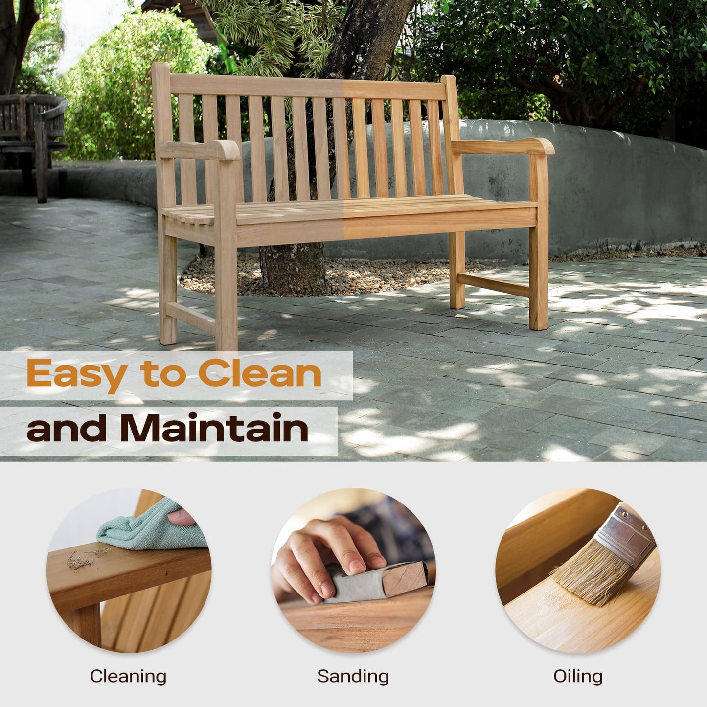 Yardgrace 2-Person Outdoor Bench, A-Grade Natural Teak Bench - Outdoor Garden Bench with Curved Backrest & Arch Armrest, Patio Bench -Weatherproof Garden Seating for, Balcony Porch & Park, All-Weather Fade-Resistant Patio Furniture