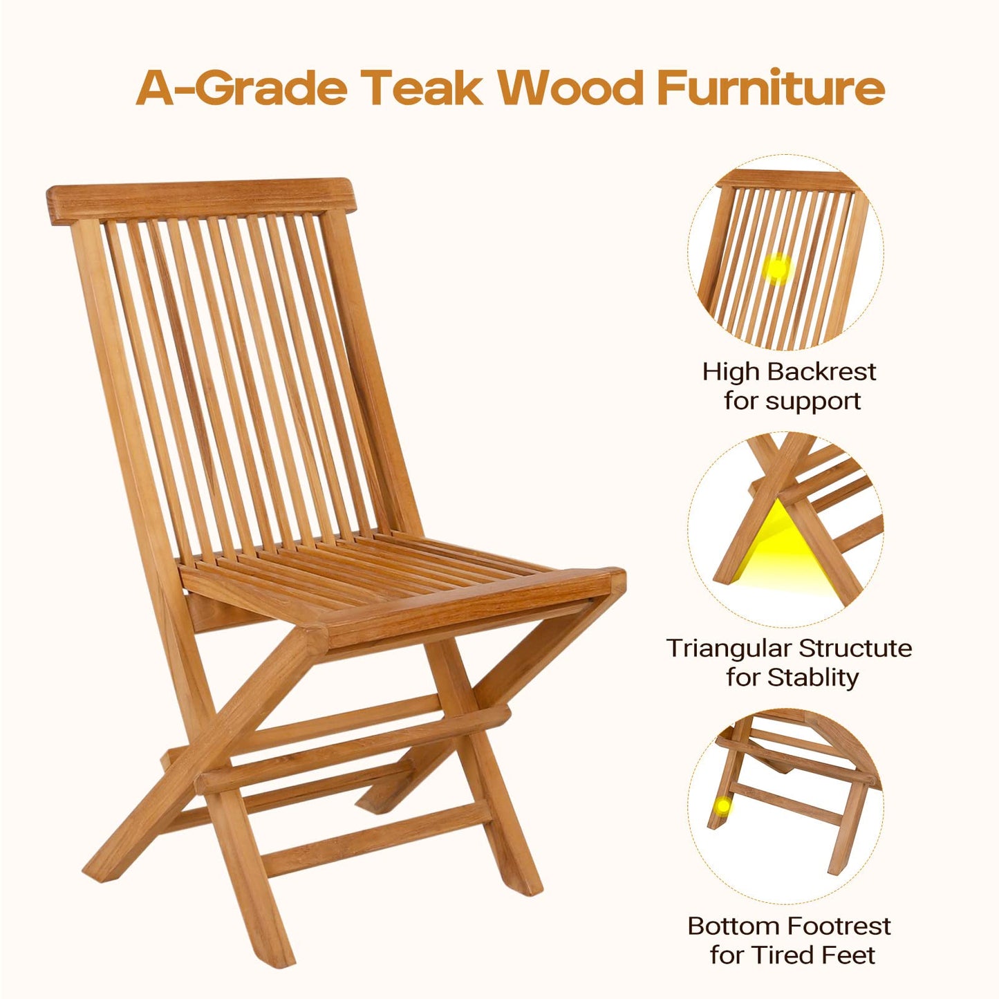 Yardgrace 3-Piece Patio Bistro Set, Solid Grade-A Teakwood Folding Bistro Chairs Set of 2, Weather-Resistant Coffee Table Set, Bistro Set for Lawn Balcony Porch Garden Backyard Pool