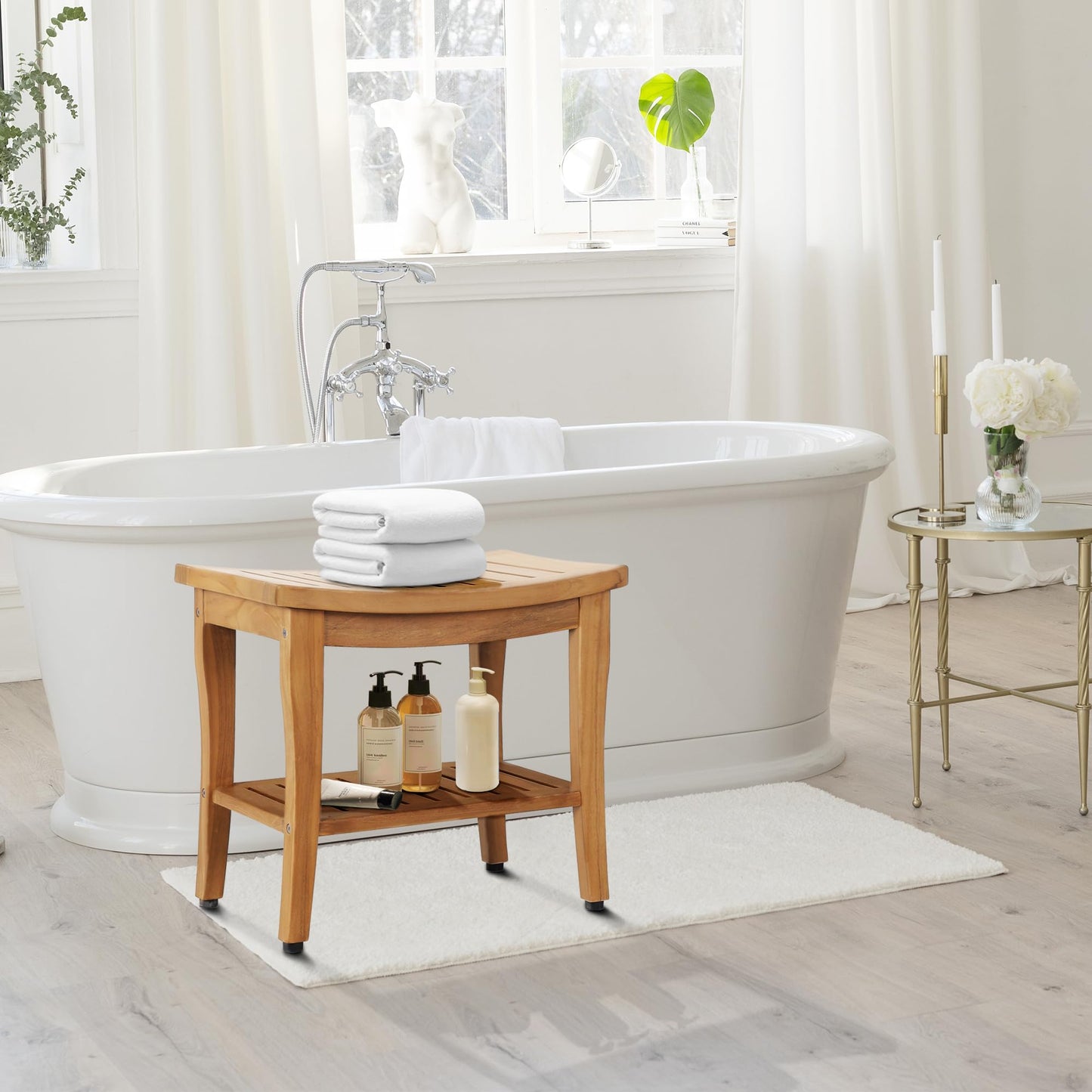 Waterproof Teak Shower Bench with Shelf & Non-Slip Feet, Heavy Duty Shower Chair for Inside Shower, Shower Stools for Seniors