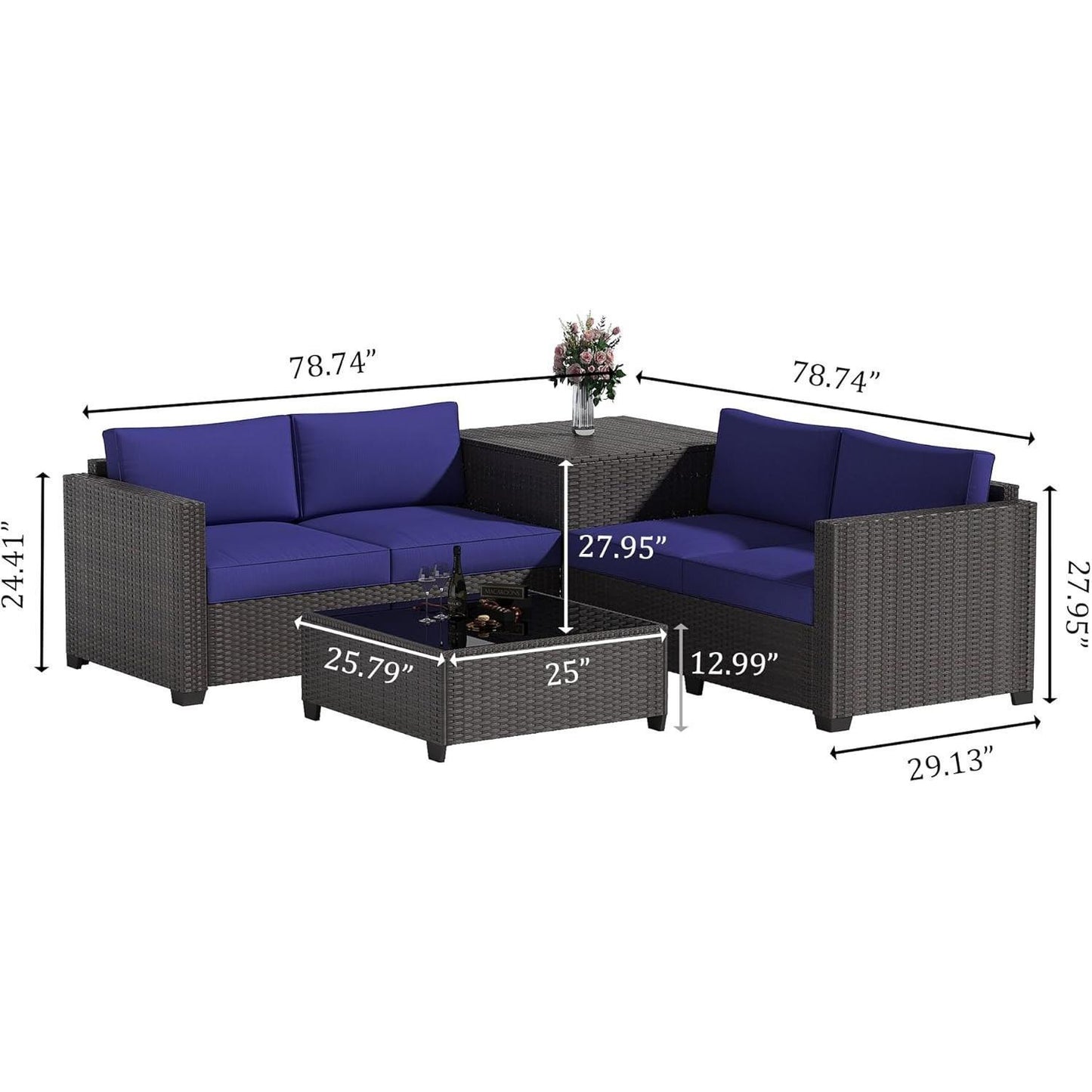 Yardgrace 4-Piece Wicker Patio Furniture Set, Sectional Sofa with Glass Coffee Table & Large Storage Box, Couch, Outdoor Conversation Set with Thick Blue Cushions
