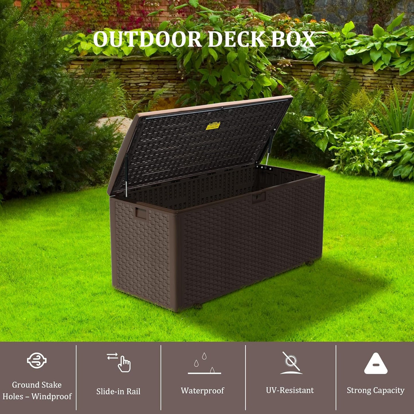 150 Gallon Pro Lockable Resin Deck Box, Waterproof Outdoor Storage Box for Patio Furniture, Garden Tools, Pool Accessories, UV-Resistant Outside Delivery, Brown