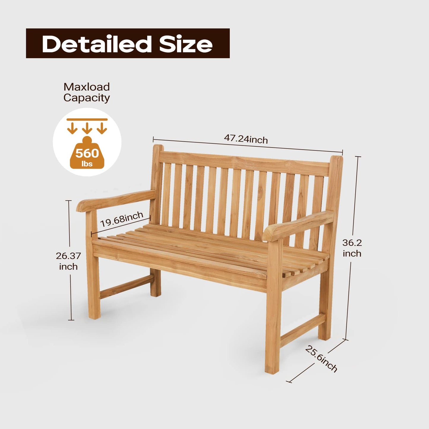 Yardgrace 2-Person Outdoor Bench, A-Grade Natural Teak Bench - Outdoor Garden Bench with Curved Backrest & Arch Armrest, Patio Bench -Weatherproof Garden Seating for, Balcony Porch & Park, All-Weather Fade-Resistant Patio Furniture