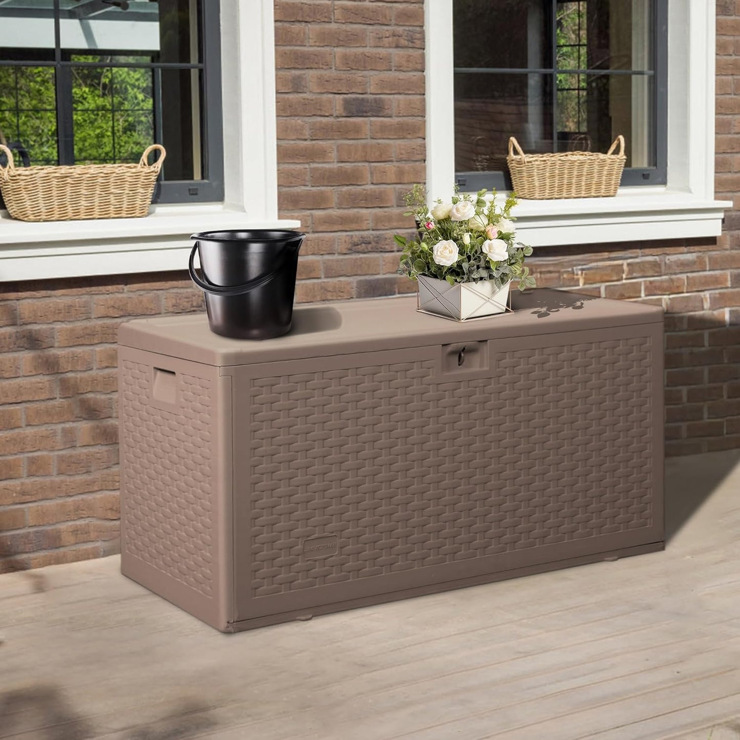 73 Gallon Pro Lockable Resin Deck Box, Waterproof Outdoor Storage Box for Patio Furniture, Garden Tools, Pool Accessories, UV-Resistant Outside Delivery, Brown