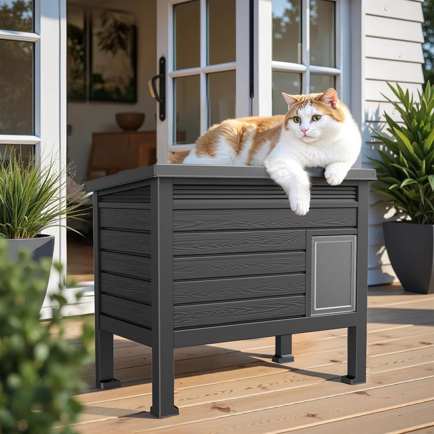 Yardgrace Outdoor Cat House,Weatherproof Feral Cat Shelter with Raised Floor,Warm,PP Material,Outdoor Feral Cat House for Cats and Small Animals,with Door,Easy to Assemble (Black, Large)