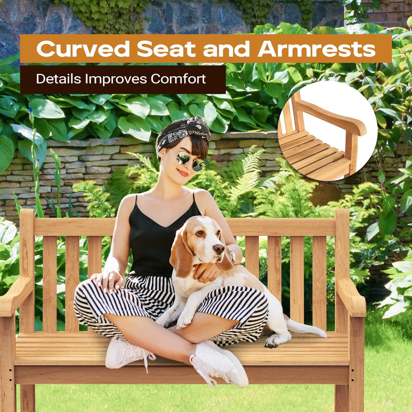 Yardgrace 2-Person Outdoor Bench, A-Grade Natural Teak Bench - Outdoor Garden Bench with Curved Backrest & Arch Armrest, Patio Bench -Weatherproof Garden Seating for, Balcony Porch & Park, All-Weather Fade-Resistant Patio Furniture