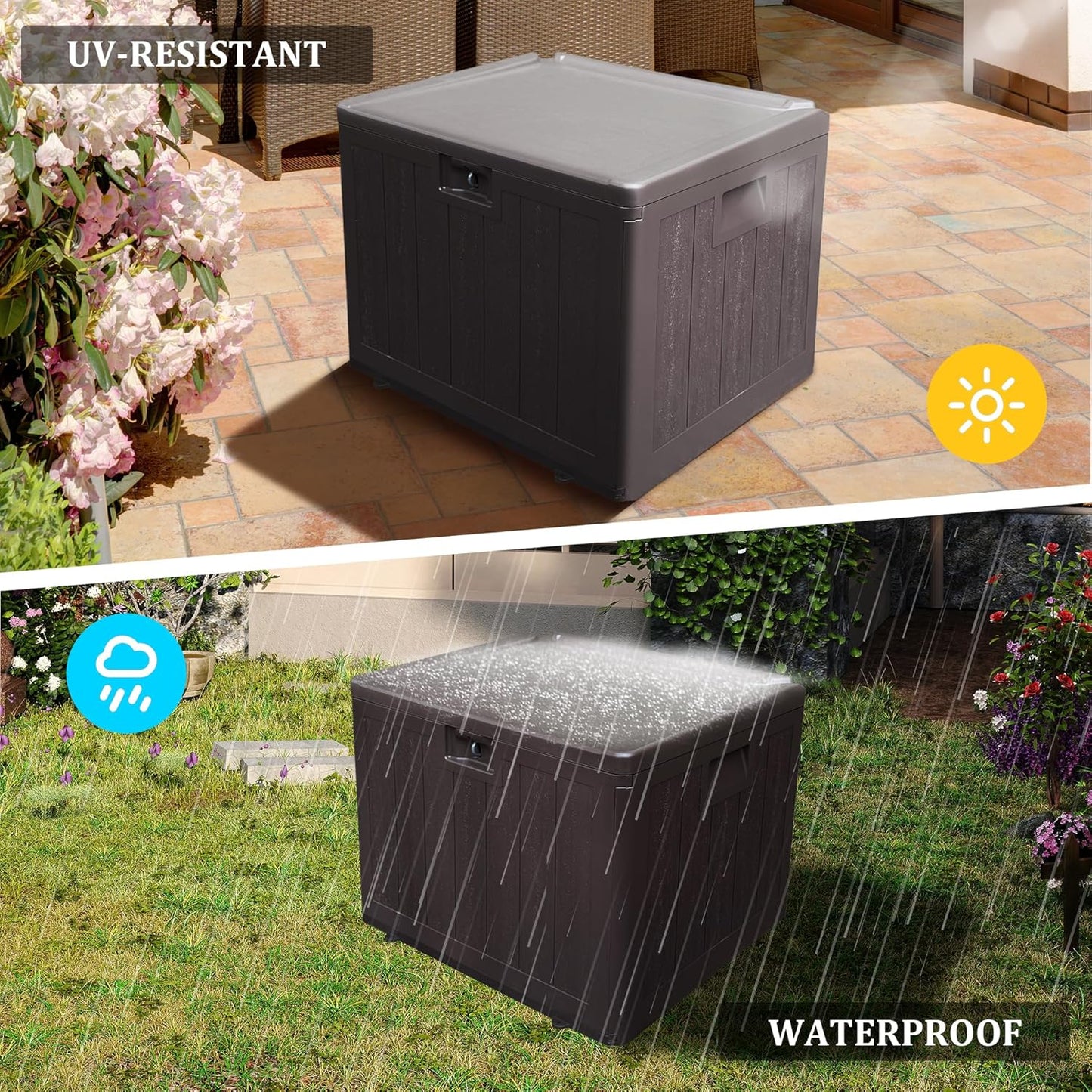 33 Gallon Pro Lockable Resin Deck Box, Waterproof Outdoor Storage Box for Patio Furniture, Garden Tools, Pool Accessories, UV-Resistant Outside Delivery, Brown