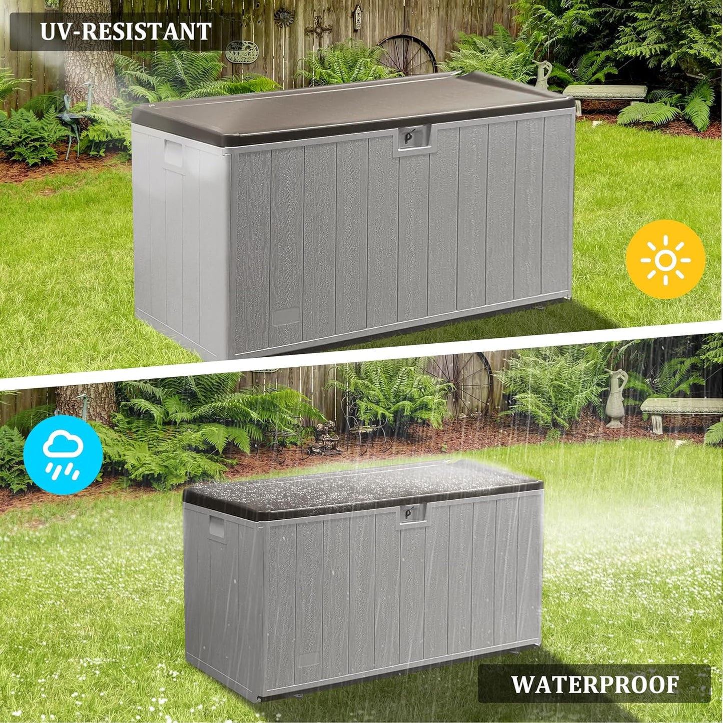 110 Gallon Pro Lockable Resin Deck Box, Waterproof Outdoor Storage Box for Patio Furniture, Garden Tools, Pool Accessories, UV-Resistant Outside Delivery, Grayish Brown