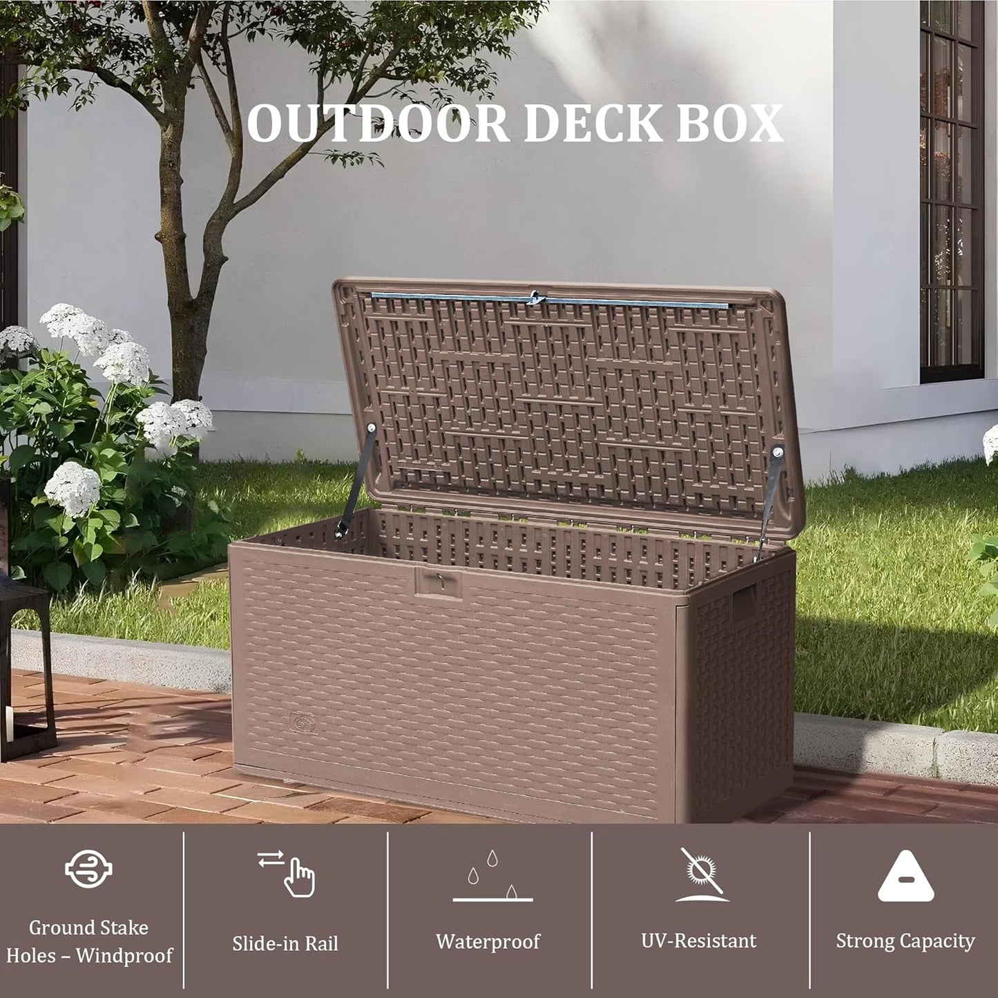 73 Gallon Pro Lockable Resin Deck Box, Waterproof Outdoor Storage Box for Patio Furniture, Garden Tools, Pool Accessories, UV-Resistant Outside Delivery, Brown