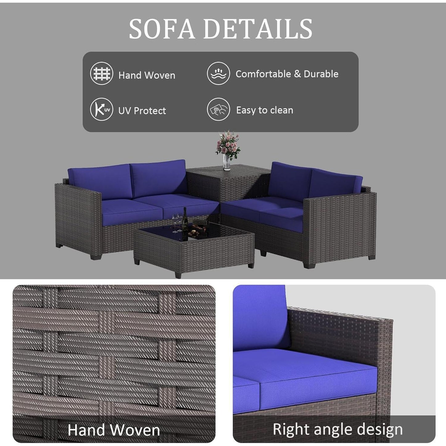 Yardgrace 4-Piece Wicker Patio Furniture Set, Sectional Sofa with Glass Coffee Table & Large Storage Box, Couch, Outdoor Conversation Set with Thick Blue Cushions