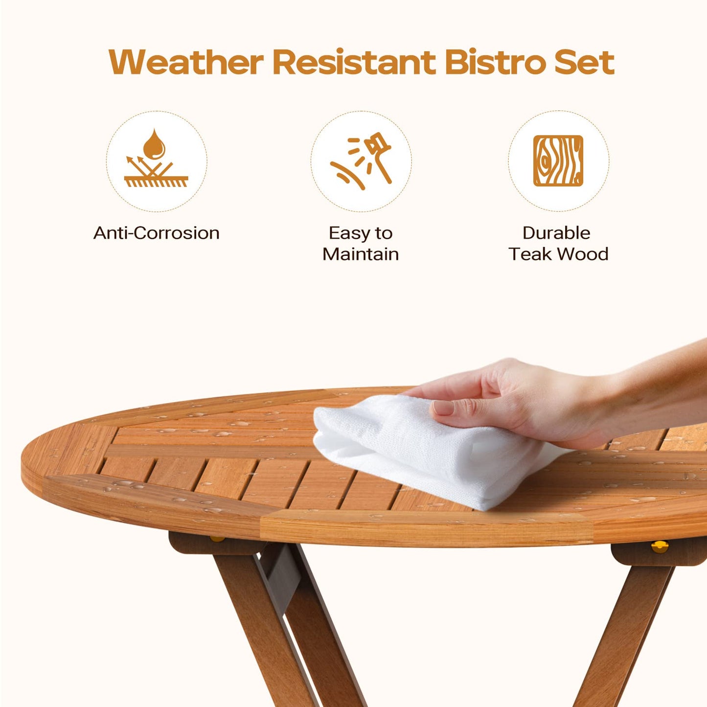 Yardgrace 3-Piece Patio Bistro Set, Solid Grade-A Teakwood Folding Bistro Chairs Set of 2, Weather-Resistant Coffee Table Set, Bistro Set for Lawn Balcony Porch Garden Backyard Pool