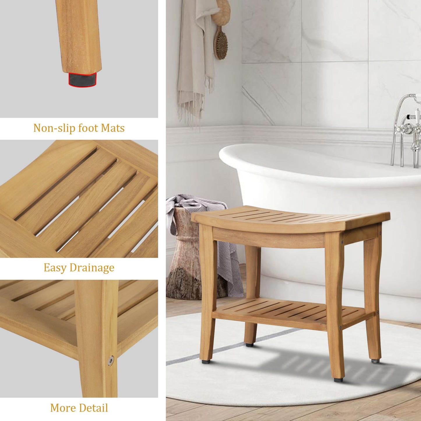 Waterproof Teak Shower Bench with Shelf & Non-Slip Feet, Heavy Duty Shower Chair for Inside Shower, Shower Stools for Seniors