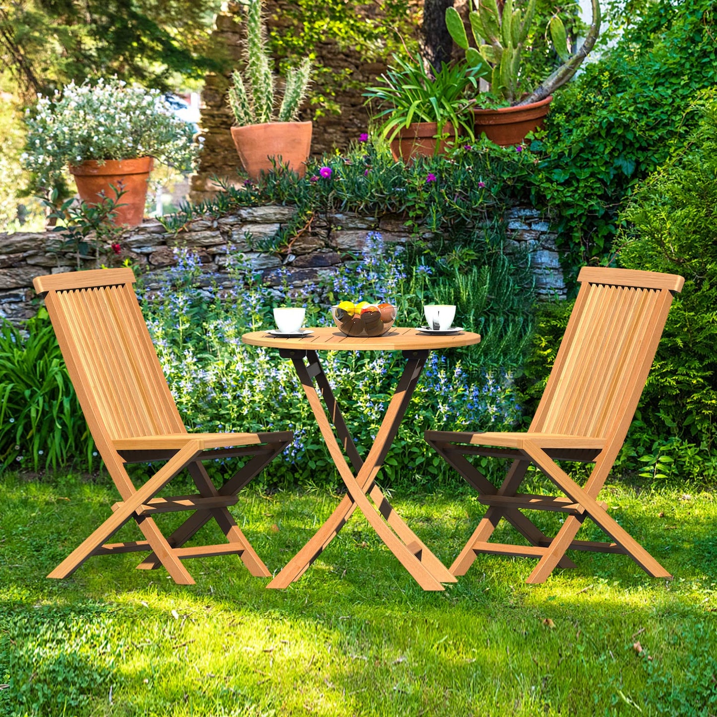 Yardgrace 3-Piece Patio Bistro Set, Solid Grade-A Teakwood Folding Bistro Chairs Set of 2, Weather-Resistant Coffee Table Set, Bistro Set for Lawn Balcony Porch Garden Backyard Pool