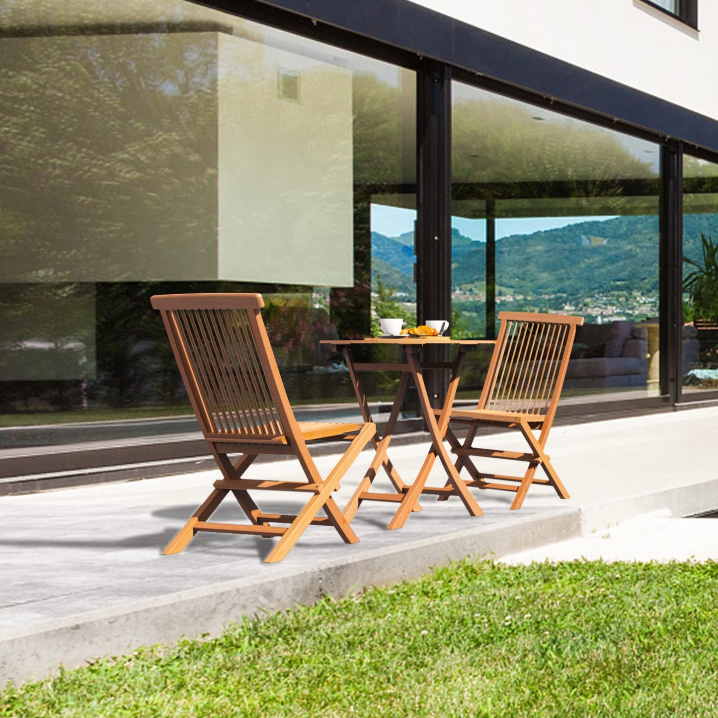 Yardgrace 3-Piece Patio Bistro Set, Solid Grade-A Teakwood Folding Bistro Chairs Set of 2, Weather-Resistant Coffee Table Set, Bistro Set for Lawn Balcony Porch Garden Backyard Pool