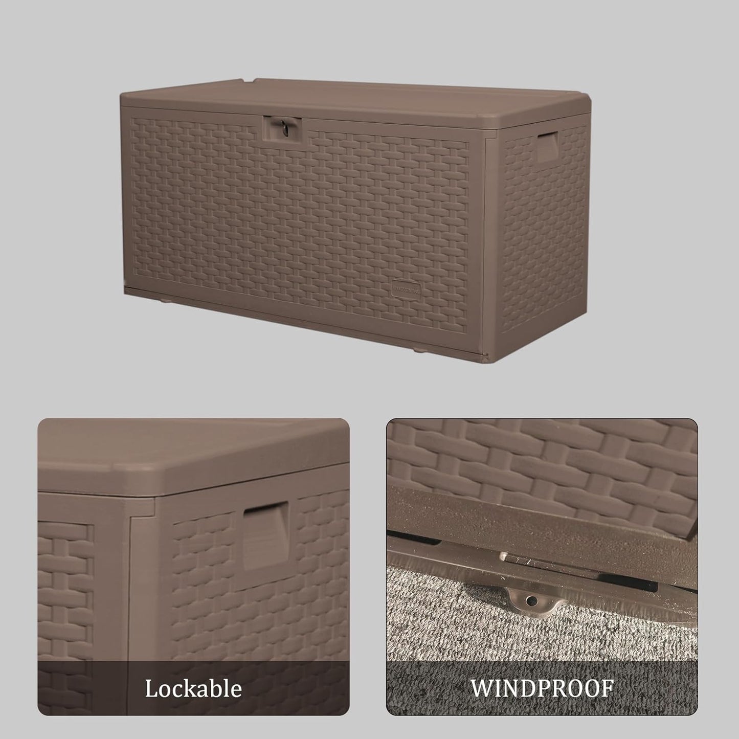 73 Gallon Pro Lockable Resin Deck Box, Waterproof Outdoor Storage Box for Patio Furniture, Garden Tools, Pool Accessories, UV-Resistant Outside Delivery, Brown