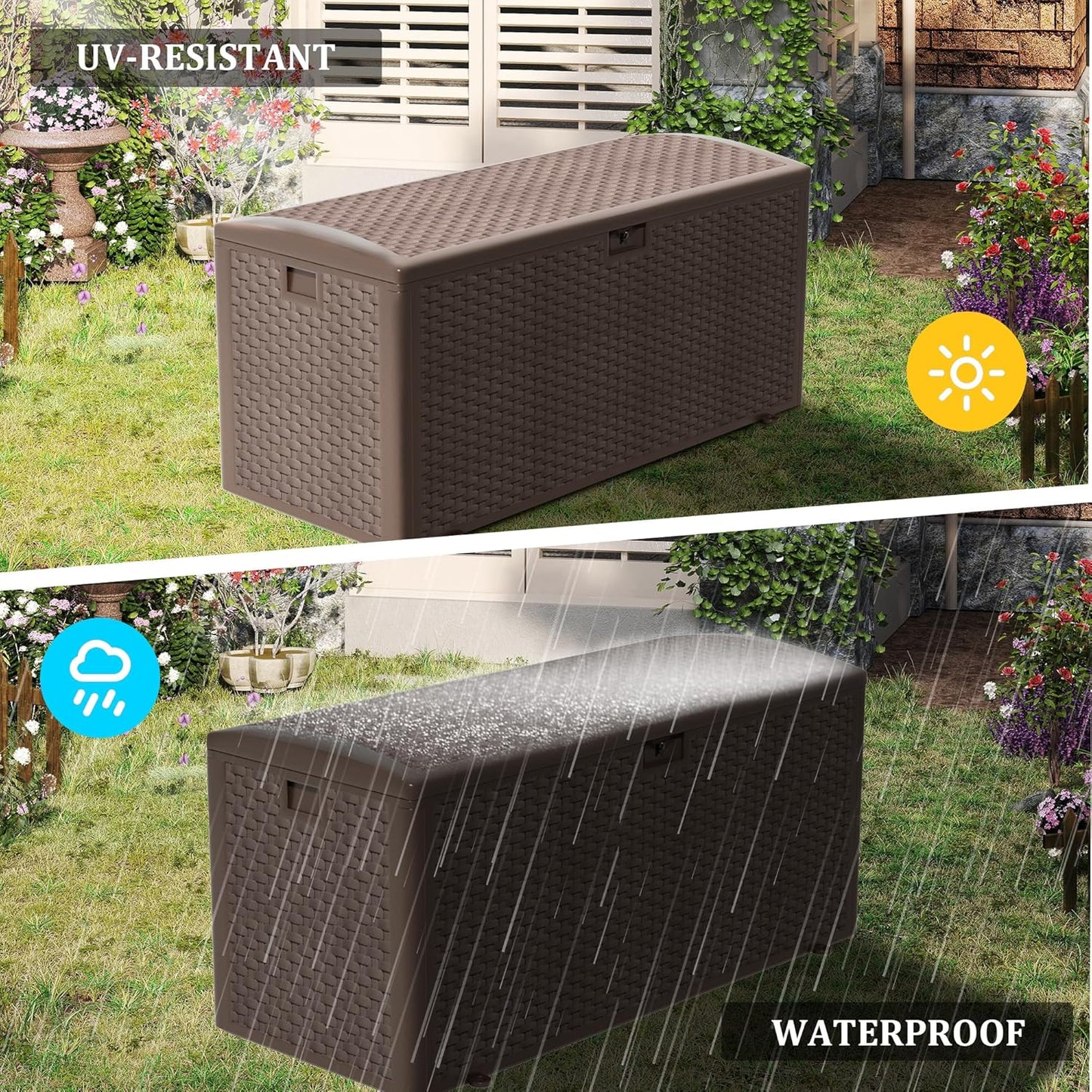 150 Gallon Pro Lockable Resin Deck Box, Waterproof Outdoor Storage Box for Patio Furniture, Garden Tools, Pool Accessories, UV-Resistant Outside Delivery, Brown