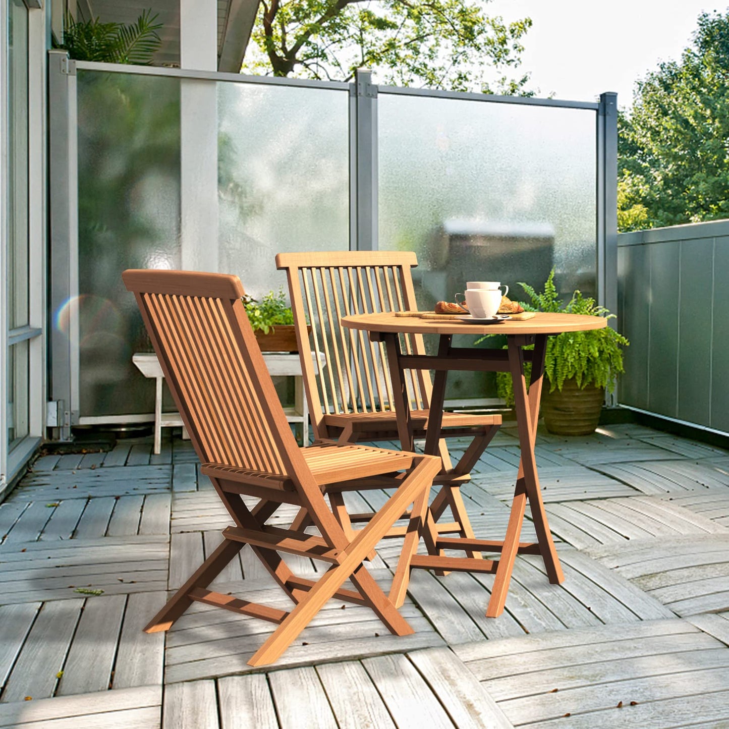 Yardgrace 3-Piece Patio Bistro Set, Solid Grade-A Teakwood Folding Bistro Chairs Set of 2, Weather-Resistant Coffee Table Set, Bistro Set for Lawn Balcony Porch Garden Backyard Pool