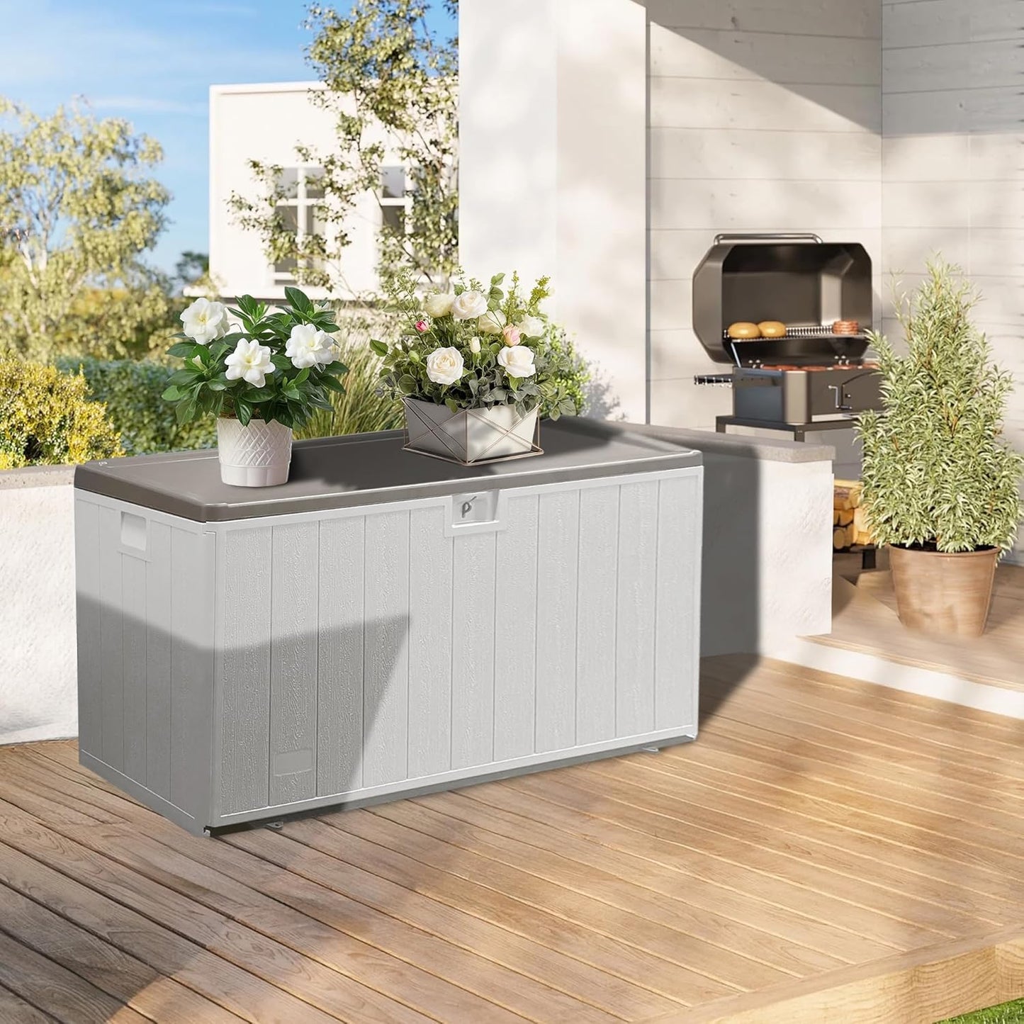110 Gallon Pro Lockable Resin Deck Box, Waterproof Outdoor Storage Box for Patio Furniture, Garden Tools, Pool Accessories, UV-Resistant Outside Delivery, Grayish Brown
