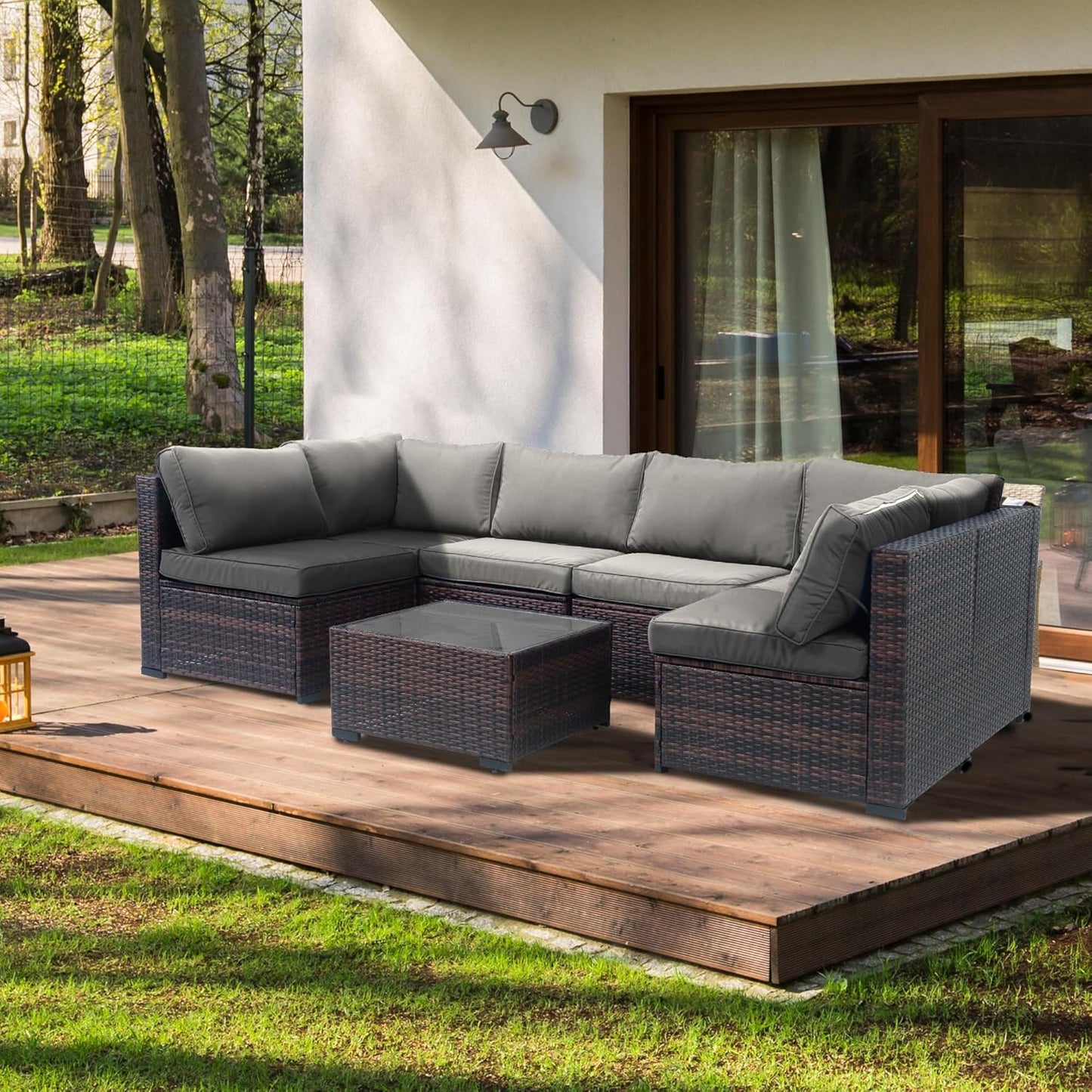 Yardgrace 4-Piece Wicker Patio Furniture Set, Sectional Sofa with Glass Coffee Table & Large Storage Box, Couch, Outdoor Conversation Set with Thick Blue Cushions