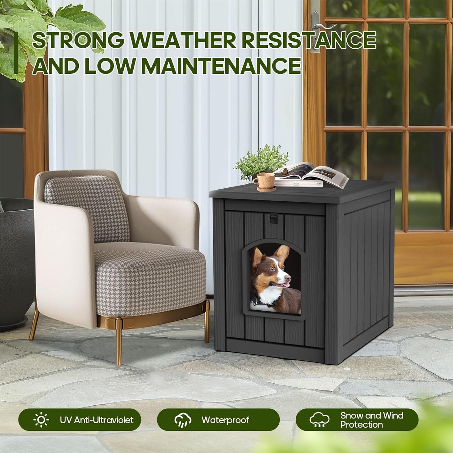 Yardgrace Outdoor Indoor Dog House,Resin Material Ventilate Waterproof Added to The Bottom,Multi-Functional Pet House for Small to Medium Dog(Black, Medium)