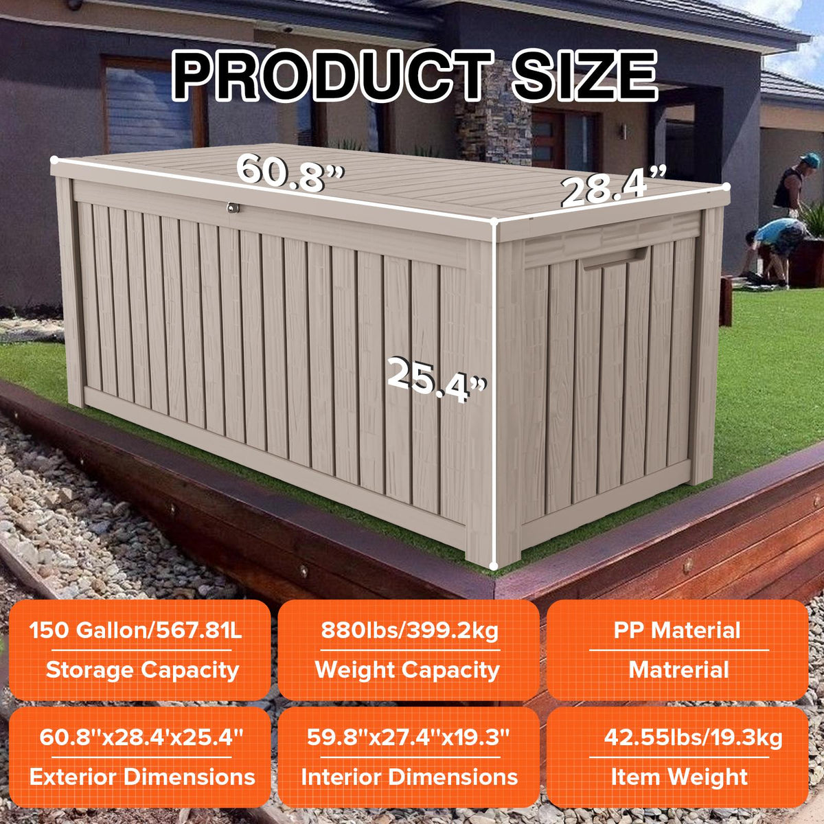 150 gallon resin deck box for patio and deck storage size