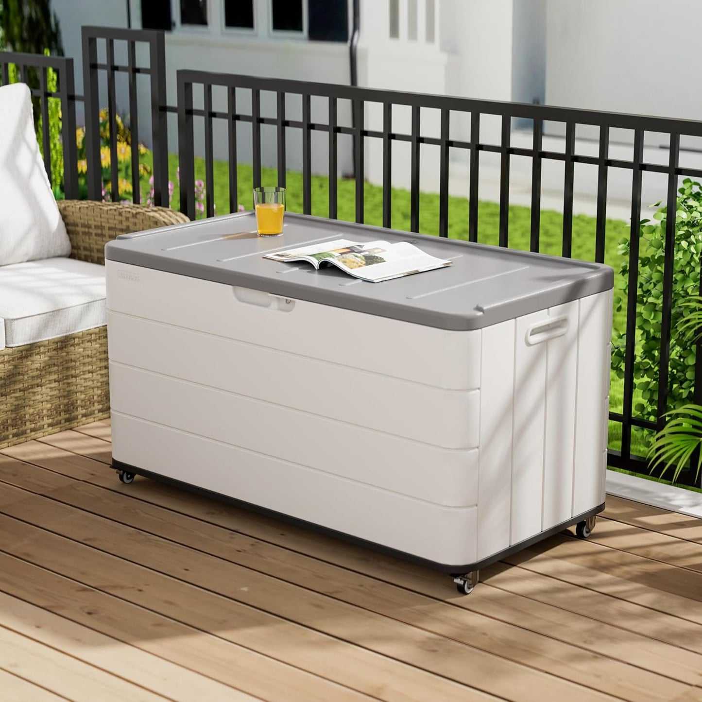 100GAL PRO Wheeled European Deck Box - Resin Mobile Outdoor Storage Box with Wheels - for Patio, Garage & Poolside, Easy assembly Organize - Lockable & Waterproof