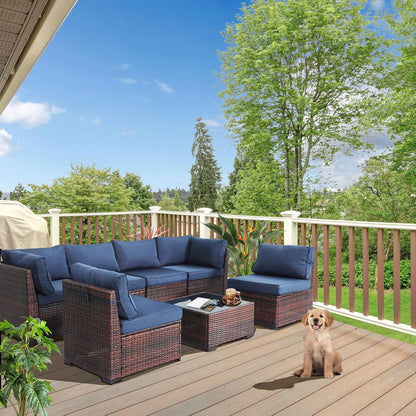Yardgrace 7 Piece Rattan Outdoor Patio Furniture Set, Weather-Resistant Outdoor Conversation Set, Outside Furniture Patio Sectional Sofa Set with Thick Cushions and Coffee Table