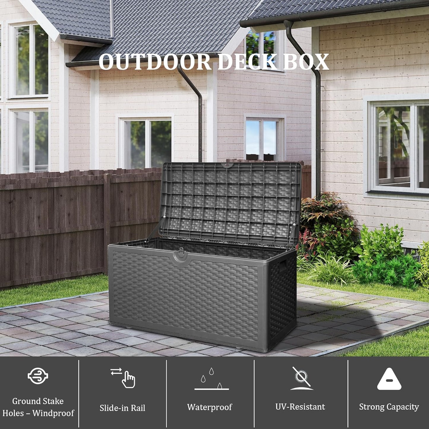 80 Gallon Plus Lockable Resin Deck Box, Waterproof Outdoor Storage Box for Patio Furniture, Garden Tools, Pool Accessories, UV-Resistant Outside Delivery, Black