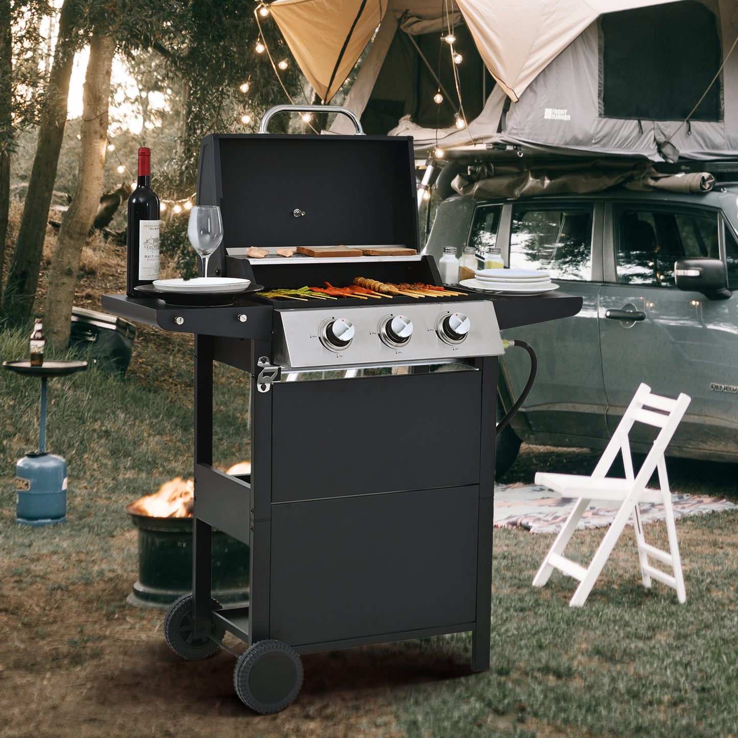 Propane Gas Grill with 3 Stainless Steel Burners 26,000 BTUs Black