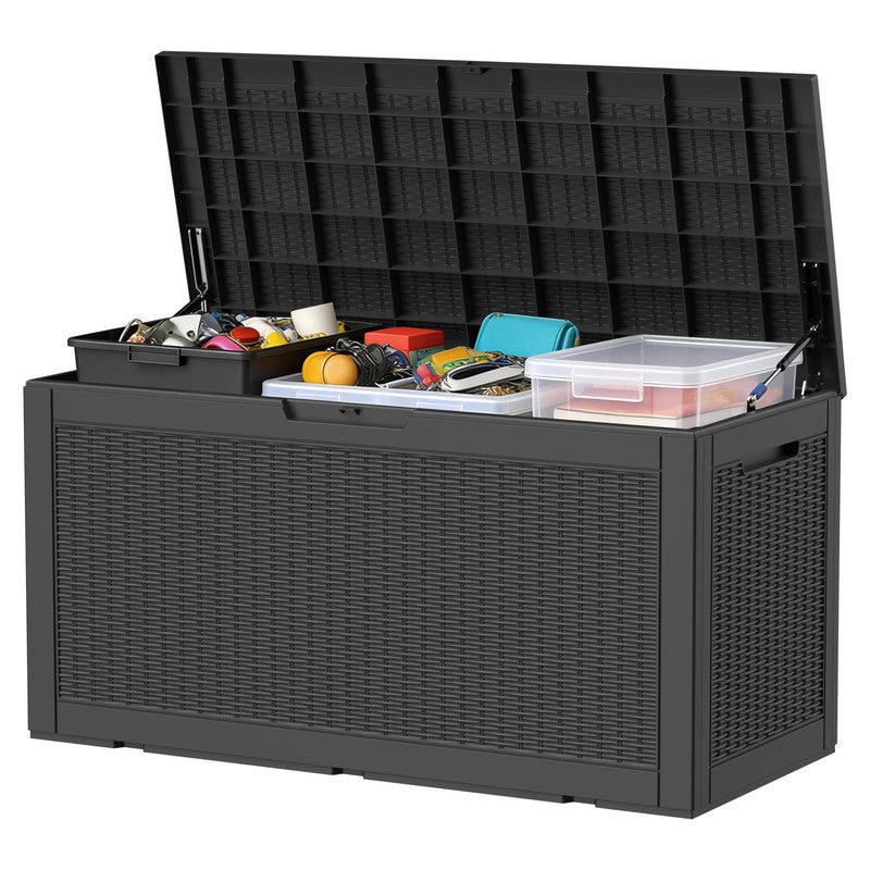 120 gallon black resin outdoor storage deck box for patio, garden and outdoor organization