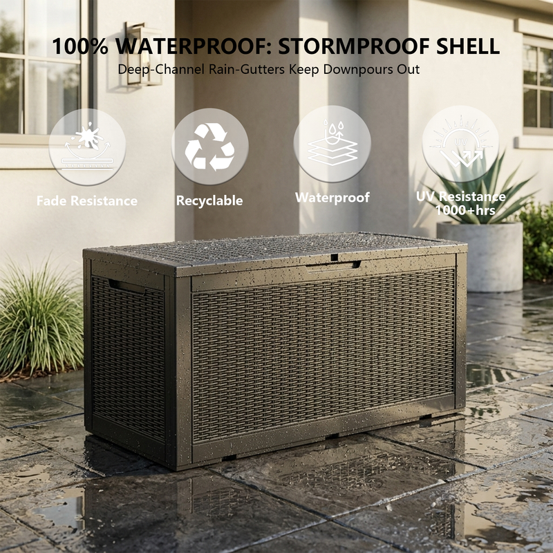 120 gallon black resin deck box with lid, compact outdoor storage container for patio and garden