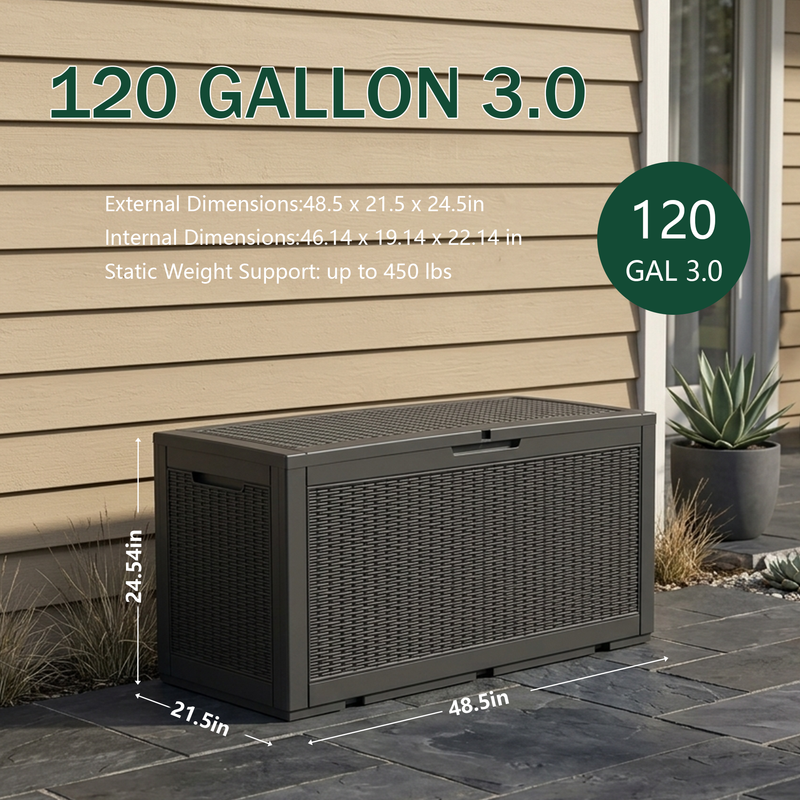 120 gallon black outdoor storage bench box with reinforced seat lid for patio seating and storage