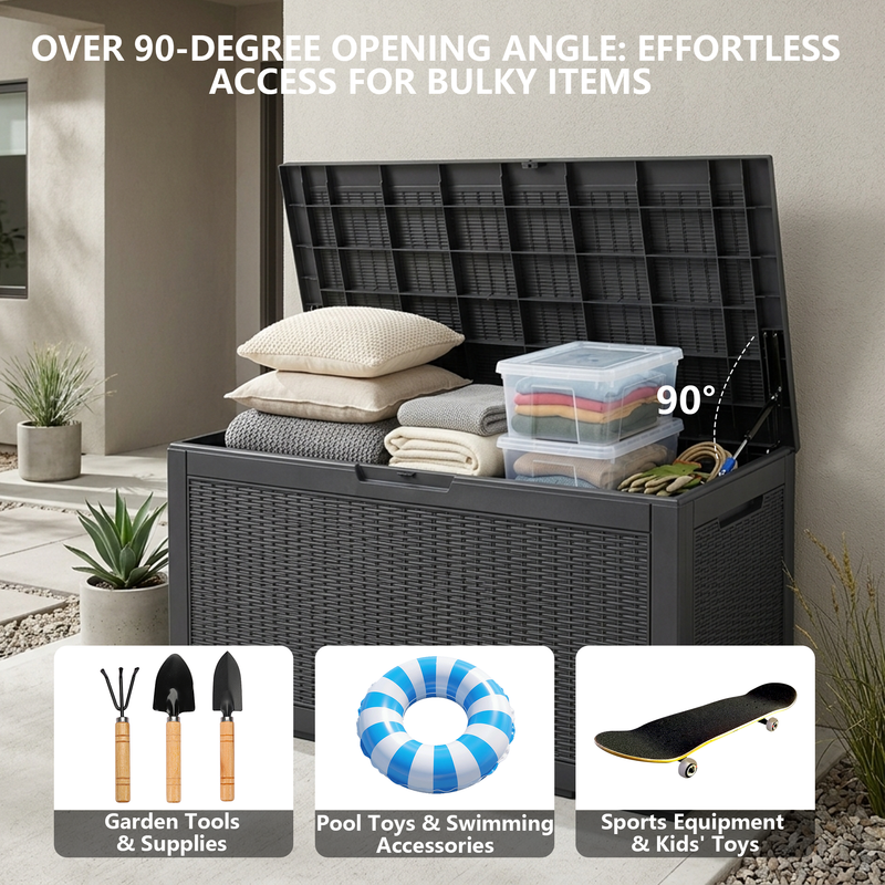 120 gallon black resin deck box with over 90 degree opening lid for garden tools and outdoor supplies