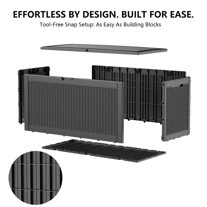120 gallon black outdoor storage box assembly structure with modular resin panel design