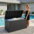 120 gallon black outdoor storage deck box beside pool for towels, cushions and accessories