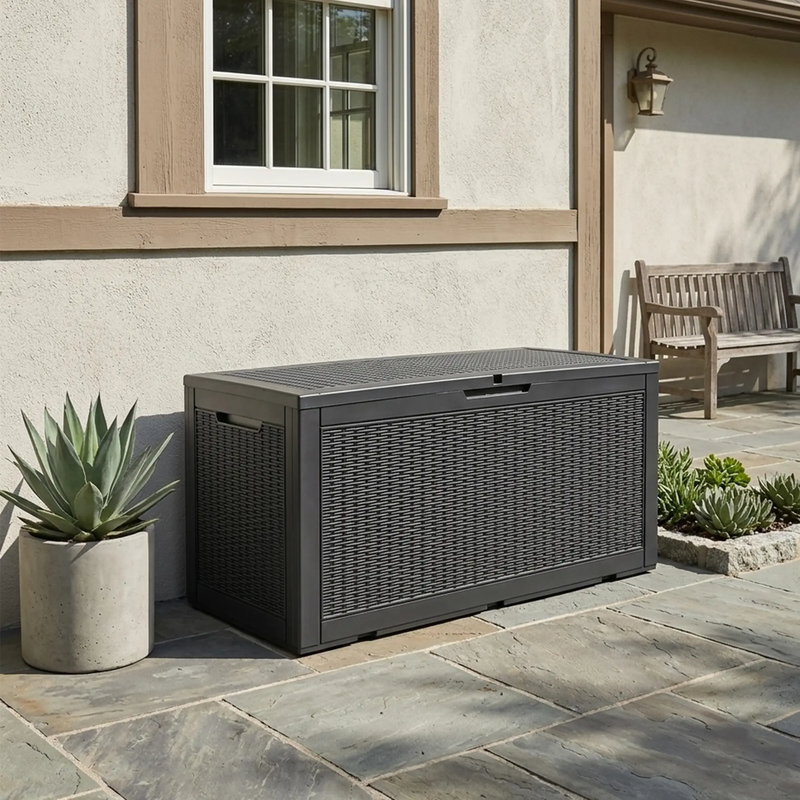 120 gallon black patio storage box placed near house for backyard organization and outdoor storage