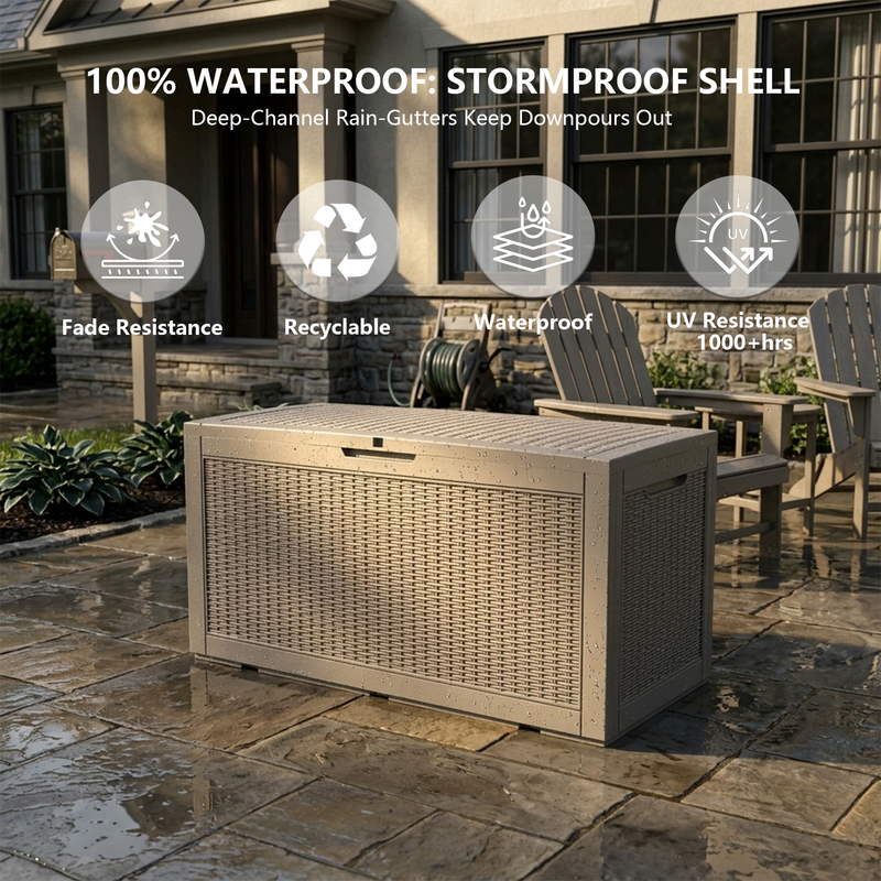 120 gallon light brown resin deck box with lid, compact outdoor storage box for patio and garden